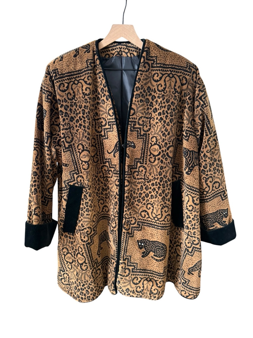 Vintage 90s Safari Tapestry Jacket Leopard Tiger Rhinestone Eyes Velvet Trim